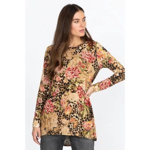 Johnny Was Vintage Rose Swing Tunic Cheetah Long Sleeve Brown Beige Top Shirt NW